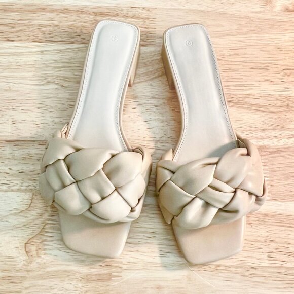 Women's 8US Nude Beige Braided Vegan Leather Open Square Toe Slide Sandals - Picture 7 of 9